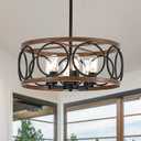 6-Light Farmhouse Drum Pendant Light,19.7'' Nature Wood Texture Vintage Rustic Chandeliers Black Metal Industrial Hanging Light Fixtures for Entryway, Bedroom Dining Room