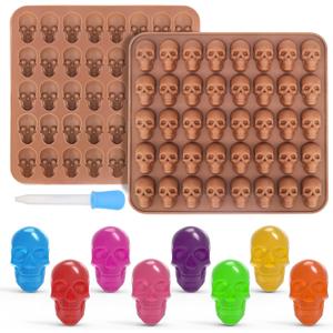 Juome Gummy Skull Silicone Candy Molds, 2 Pack Mini Skull Gummie Chocolate Molds with Dropper for Halloween Gummies, Candies, Jello, Chocolate (80 Cavities)