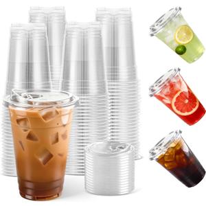 100-Pack 20 oz Iced Coffee Cups with Lids, Disposable Plastic Cups with Lids - BPA-Free, Perfect for Iced Coffee, Milkshakes, and Juices, Ideal for Home, Office, and Parties