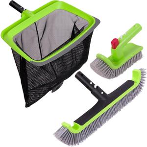 Sepetrel Deluxe Swimming Pool Cleaning Kit Including Rubber Edge Skimmer Net,17.5" Pool Brush Head & Hand Scrub Brush (NO Pole), Green 