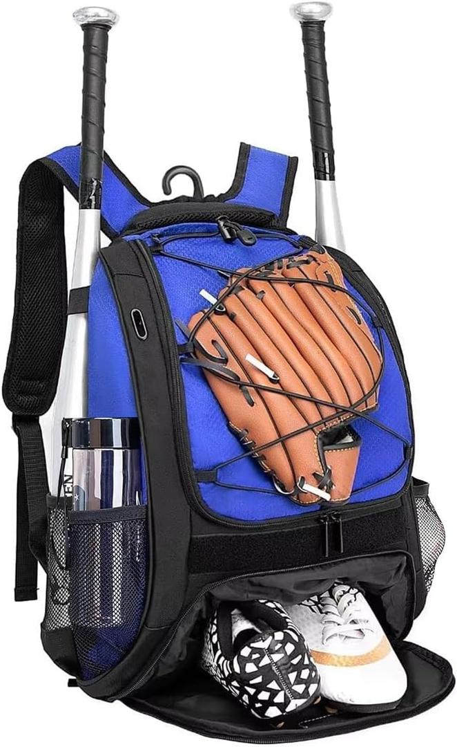 DAFISKY Baseball Bag Softball Backpack - Youth Adult T Ball Bat Equipment Bag with Bat Helmet Holders, Shoe Compartment (Blue)