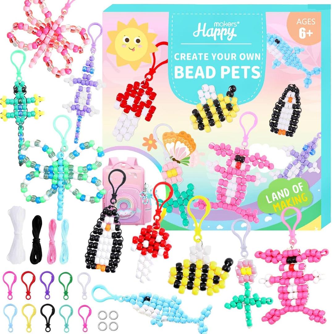 Happy Makers Bead Pets, Pony Beads Multicolor Animals Keychain Making Kit with Instruction, Keyring & Key Clasp, Ultimate Bead Pets Keychain, Art Craft for Beginners