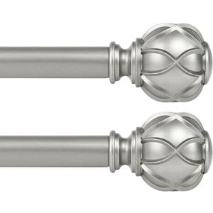 KAMANINA 1 Inch Curtain Rod Telescoping Single Drapery Rod 28 to 48 Inches (2.3-4 Feet), 2 Pack Antique Silver Curtain Rods for Windows 16 to 44 Inches, Netted Texture Finials
