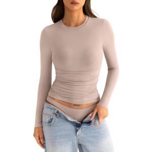 EasyGala Womens Double Lined Long Sleeve Shirts Crewneck Ruched Top Tight Fitted Basic Tee Fall Going Out Outfits 2026, Small