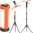 AKOFUN Camping Lights with Stand, 12000mAh Rechargeable Work Light Max Height 75, Telescoping Portable Outdoor Lights with 3 LED Lamp Heads, Magnetic Emergency Flashlight, Detachable Tripod, Orange