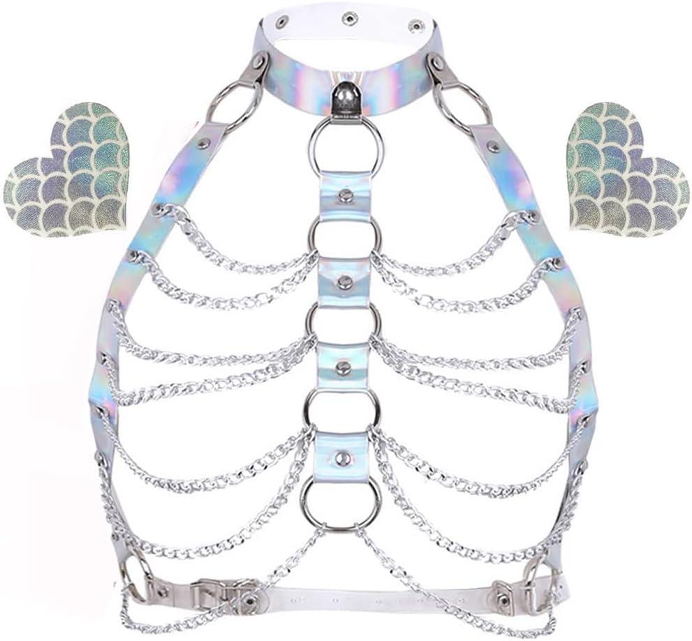 Rave Hologram Body Chest Harness Cage Bra Choker Chain Belts Body Costume with Pasties for Music Festival Roleplay Clubwear (Silver)