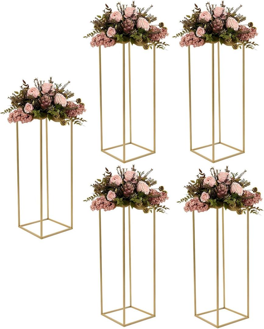 5pcs Gold Flower Stand,23.6'' Metal Column Flower Stand,Gold Centerpieces for Table Wedding Party,Tall Geometric Floral Vase Stands, Flower Rack
