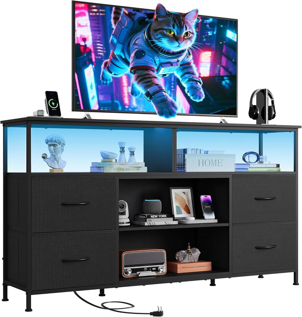 WLIVE TV Stand Dresser for 50,55,60 inch TV, Entertainment Center with LED Lights & Fabric Drawers, Dresser TV Stand for Bedroom and Living Room with Open Shelves, Black