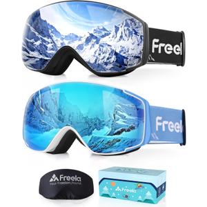 Freela Kids Ski Snowboard Goggles for Toddler(3-14) Youth Anti Fog Anti UV Goggles Girls Boys Snow Skiing Equipment (Silver Lens 10% Vlt & Blue Lens B 30% Vlt)