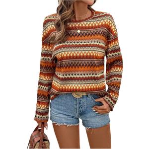 SOLY HUX Women's Long Sleeve T Shirt Boho Chevron Print Crew Neck Drop Shoulder Casual Fall Tops (XL)