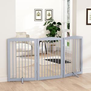 PUPETPO Freestanding Pet Gate for Dogs, Foldable Wooden Dog Gate for House Indoor, Tall Pet Fence for Stair, Doorway,Hall, Support Feet Included, 3 Panels 32", Grey