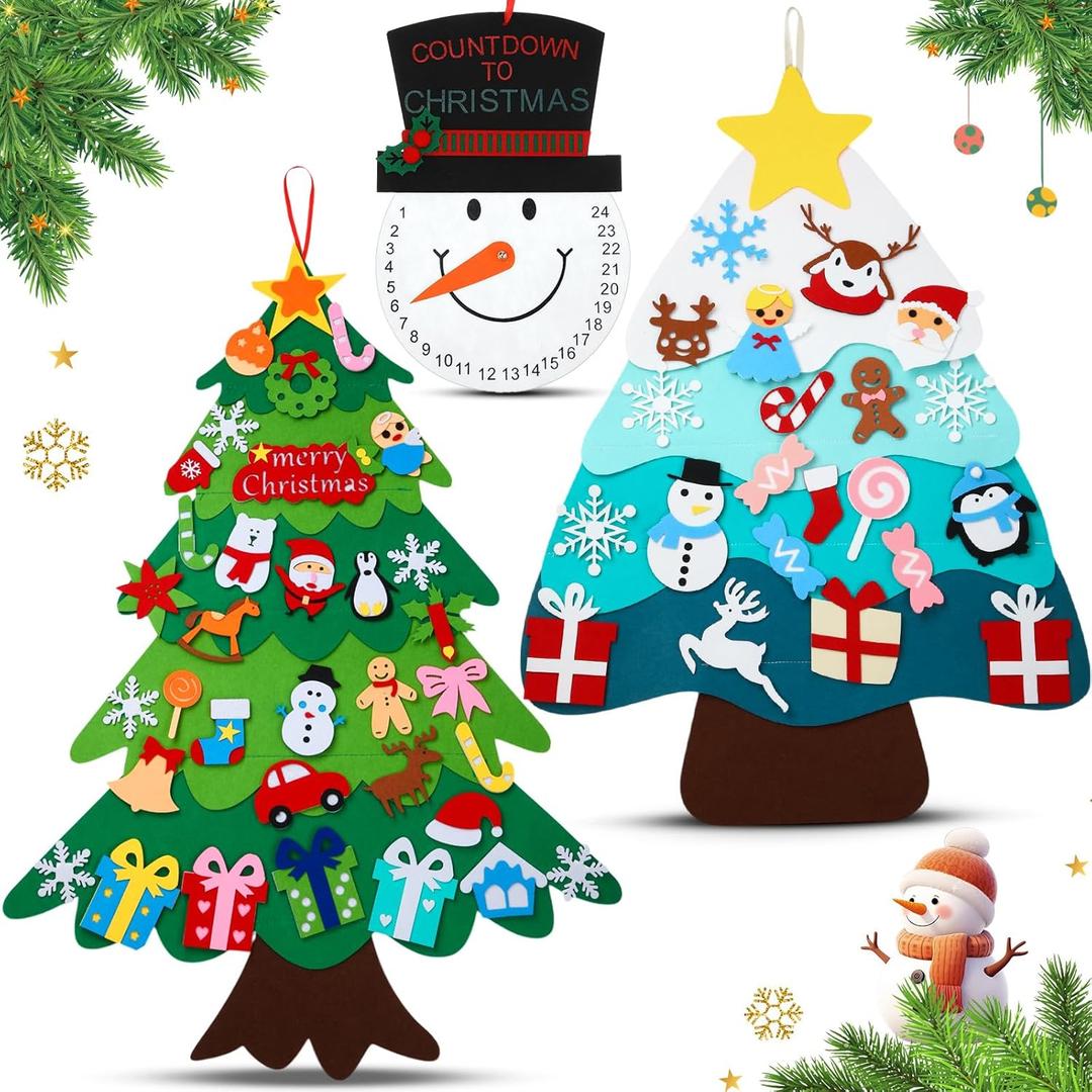 Realspring 2 Pack 3.3ft DIY Felt Christmas Tree with 56 Ornament and Snowman Advent Calendar 2025 Blue Felt Xmas Tree with Cutouts Decorate Wall Hanging Decoration for Christmas Crafts Winter Party