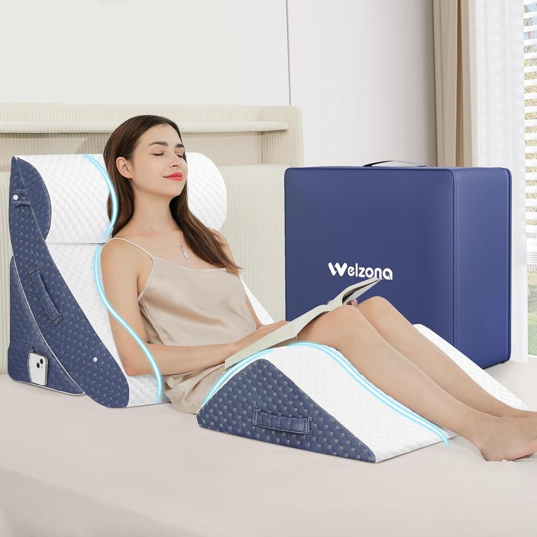 4Pcs Orthopedic Bed Wedge Pillow Set for Post Surgery, Gel-Infused Memory Foam Layer Wedge Pillow for Sleep Apnea, Leg, Knee, Back, and Arm Support, Sit up Pillow for Bed (4 Piece Wedge Set)
