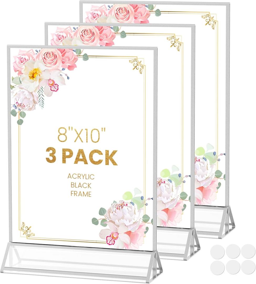 8X10 Sliver Picture Frames Acrylic Sign Holder Double-Sided Acrylic Frame for Menu Holder Wedding Table Number Holder Photo Frames with Removable Dot Stickers -3 Pack