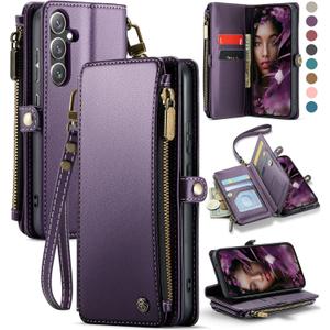Defencase for Galaxy S25 Case Wallet with RFID Blocking Card Holder for Women, Elegant PU Leather Magnetic Snap Flip Wristlet Strap Zipper Wallet Phone Cases for Samsung Galaxy S25 5G 6.2", Purple (Aesthetic Purple)