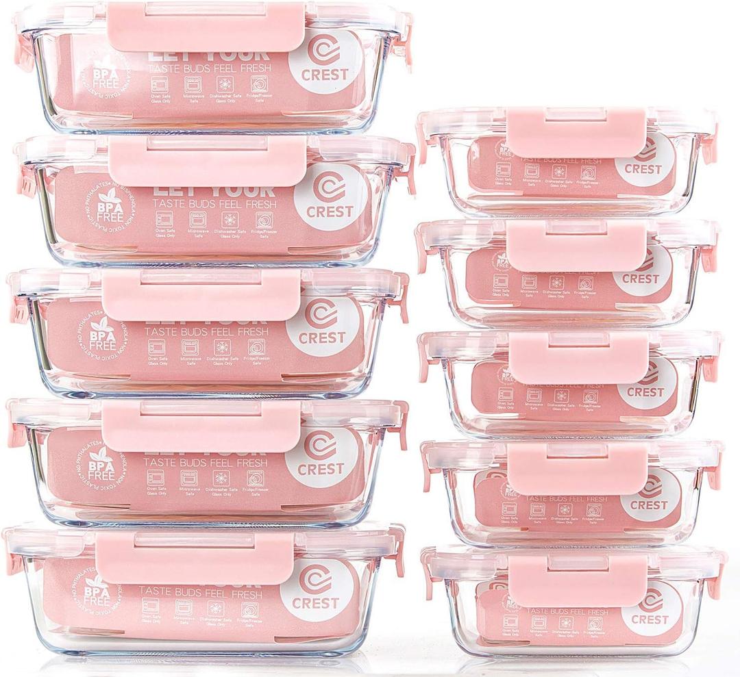 C CREST [10 Pack] Glass Meal Prep Containers, Food Storage Containers with Lids Airtight, Glass Lunch Boxes, Microwave, Oven, Freezer and Dishwasher Safe (Pink)