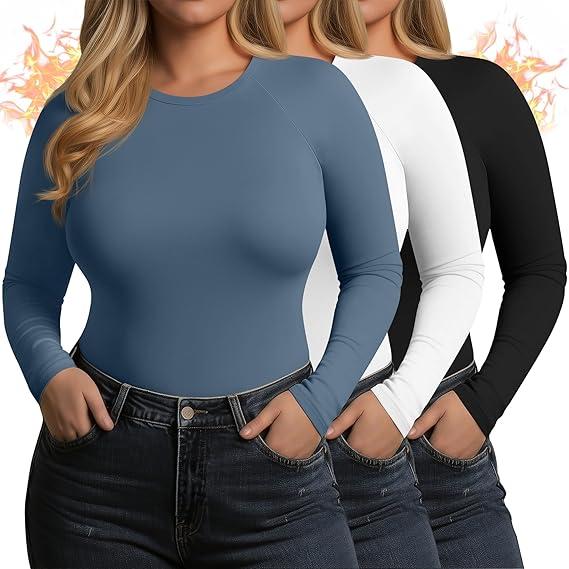 Yearntown 3 Pack Women's Plus Size Thermal Shirts Raglan Sleeve Crew Neck Fleece Lined Tops Long Sleeve Base Layer Underwear(Black, White, Haze Blue,X-Large)