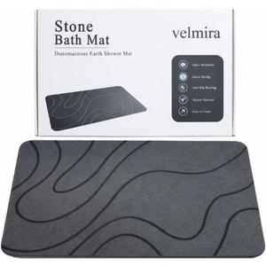 Stone Bath Mat, Quick Dry Shower Mat, Diatomaceous Earth Shower Mat, Non-Slip Hard Surface, Ultra Absorbent Bathroom Floor Mat for Tub, Entry, or Sink  23.6" x 15.4", Gray (Wave) (Grey)