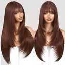 ZRLK Brown Wig with Bangs Long Brown Wig for Women Synthetic Heat-Resistant Hair Layered Style Hair for Daily and Party Use, 26 Inch Brown