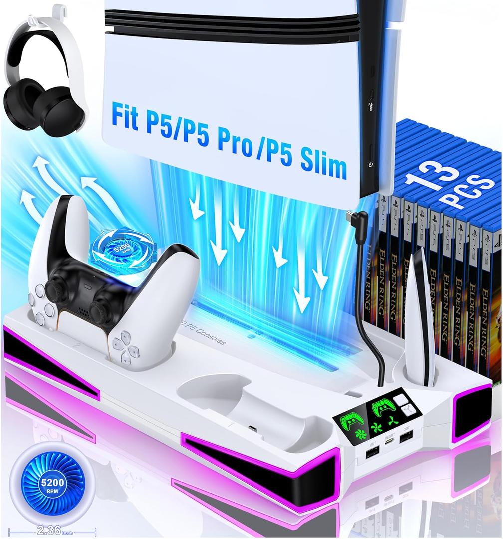 Kawaye PS5 Stand Cooling Station for PS5/Pro/Slim Console, PS5 Accessories Vertical Stand with 2.36in Large P5 Fan Cooling Fan, Colorful Light, Dual Controller Charger, Headset Holder, 3 Charger Port (White)