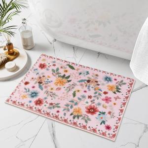 Uphome Bath Mats for Bathroom, Cute Pink Bathroom Rugs, Modern Ultra-Soft Non-Slip Bath Rug, Machine Washable Farmhouse Floral Toilet Rug for Sink Shower Door Mat, 18x26 inch