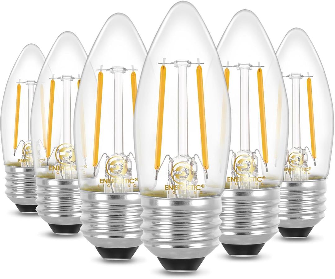 Energetic B10 B11 LED Filament Bulb E26 Candelabra Medium Base 2700K Soft White, 4W, Equivalent 40W, 300 Lumens Dimmable Decorative Candle Light Bulb for Ceiling Fan, Pack of 6