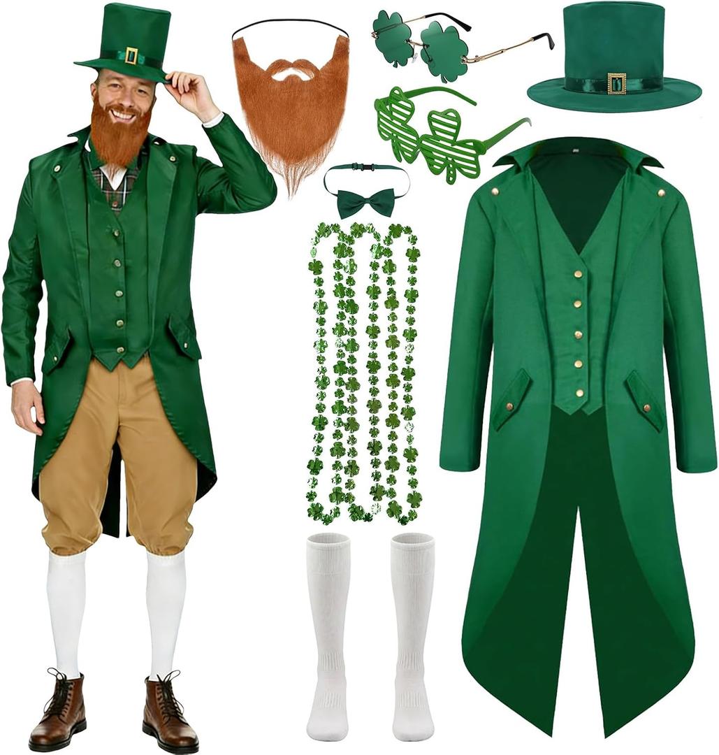 St Patricks Day Costume 10 PCS Adult Leprechaun Costumes Men Steampunk Tailcoat with Hat Glasses Bead Necklaces Beard (Small)