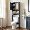 Over The Toilet Storage Cabinet with Rattan Doors, Boho Farmhouse Bathroom Organizer Over Toilet, 5-Level Adjustable Bottom Bar Fits Water Valve, 3 Adjustable Inner Shelves, Navy Blue, 24"x70"