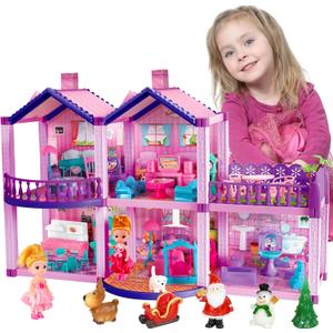 Doll House for Girls,6 Rooms Pink Dollhouse with Dolls Figure, Puppies,Furniture, Accessories, Kids Playhouse for for 3 4 5 6 7 8 9 10 Year Old