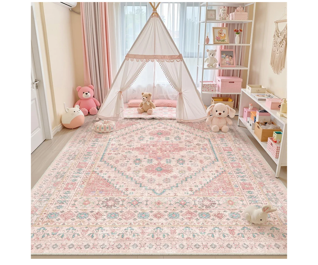 zesthome 8x10 Area Rugs for Girls Bedroom, Non-Slip Backing Washable Rugs, Vintage Large Pink Rug, Stain Resistant Nursery Room Rug (Pink/Blue,8'x10')
