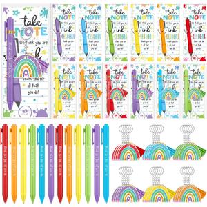 72 Pcs Teacher Appreciation Gifts Bulk End of the Year Teacher Gifts with Acrylic Rainbow Keychain Ballpoint Pen Thank You Cards for Teachers Office