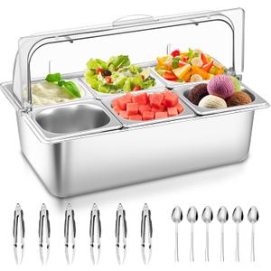 Countertop Food Serving Display Container with Clear Roll Top Cover, Stainless Steel Buffet Food Serving Tray, Condiment Serving Container Dispenser for Restaurant Kitchen Party(6 Compartments) 20.8" x 13" x 13"