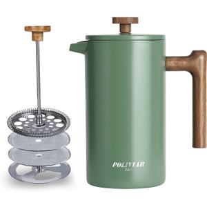 POLIVIAR French Press Coffee Maker, 34 oz Coffee Press with Real Wood Handle, Double Wall Insulation & Dual-Filter Screen, Food Grade Stainless Steel for Good Coffe and Tea (Flatland) (Green)