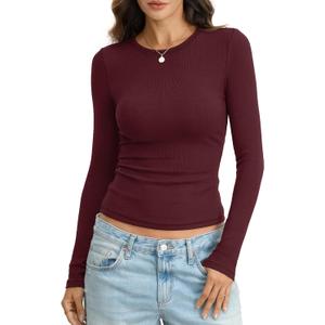 Womens Ribbed Cotton Long Sleeve Shirts Basic Crewneck Tee Fitted Going Out Tops Underscrub Fall Fashion 2026 (Medium, Wine Red)