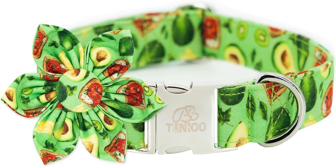 Tunkoo Dog Collar Avocado Floral Bow Tie Unique Style Super Soft Comfy Adjustable Cotton Collar with Premium Metal Buckle, for Puppy and Cat Small Medium Large Pet SuppliesAvocadoFlower, M
