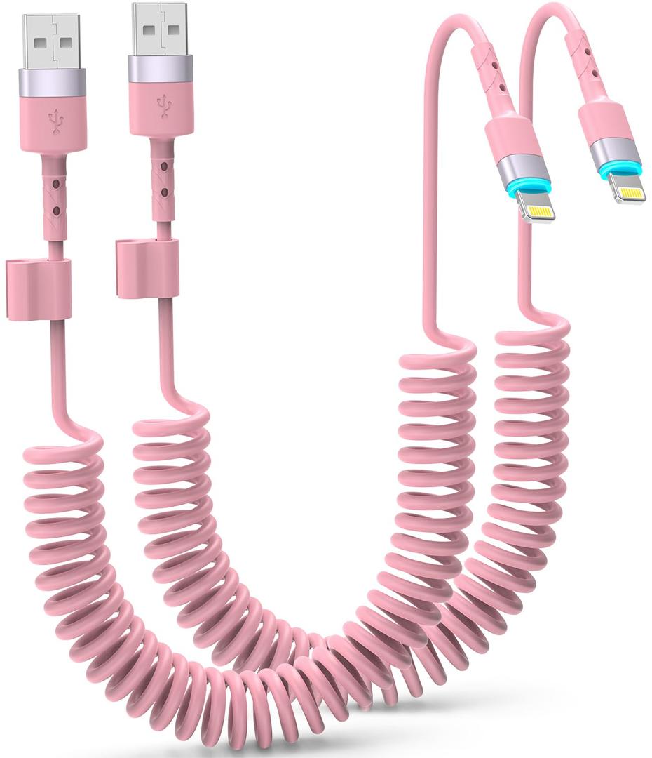 Coiled Pink iPhone Charger 3 FT 2-Pack Apple CarPlay Cable Car Accessories, [MFi Certified] Short USB to Lightning Cable, Cute iPhone Charger Cord - Pink