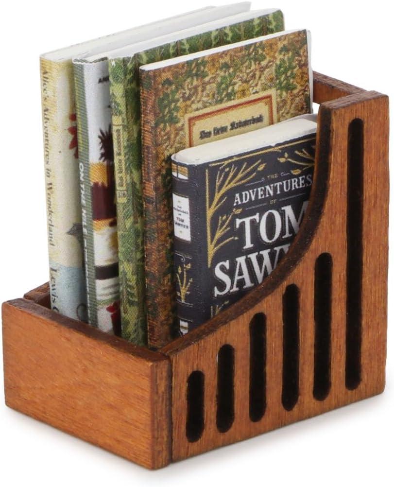 Dollhouse Miniature Desktop Bookshelf with Books Set Wooden Bookcase Furniture Miniature Desktop Organiser Mini House Decoration (B Style 5 Books)