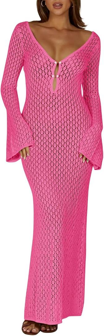 Saodimallsu Womens Crochet Maxi Cover Up Dress Beach Swim Vacation Coverups Long Sleeve Sexy Bodycon Summer Knit Dresses (Pink, M)