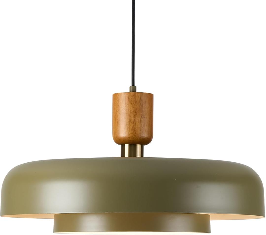 Mid Century Chandelier 19.68 inch, Natural Wood and Brass Accent,2 Layered Deep Green Shade,Large Pendant Ceiling Lights for Dining Room, Kitchen,Living Room