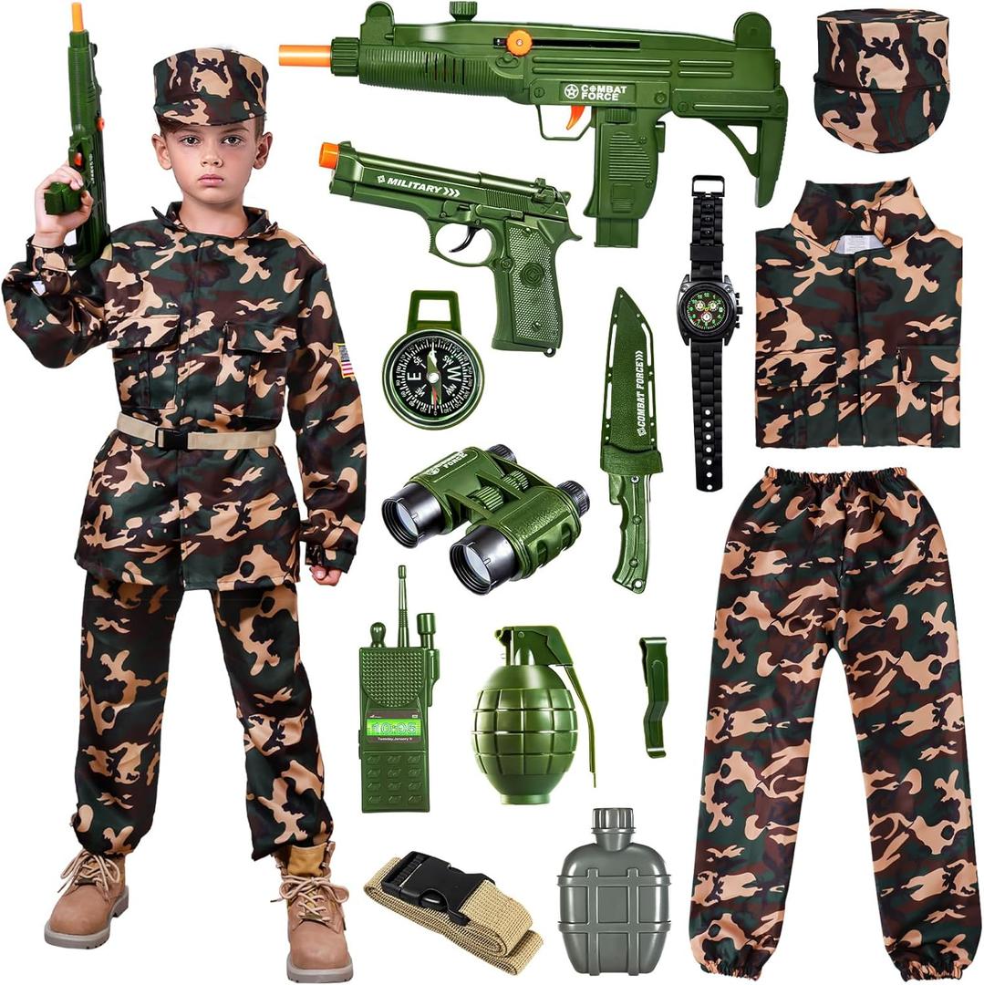 Kids Army Costume for Boys, Boys Military Soldier Costume with Army Toys, Halloween Costumes Dress Up Role Play Set (Large)