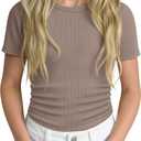 2 x Girls Ribbed Short Sleeve T-Shirt | Crew Neck, Ribbed, Solid, Slim, Basic Layer Tops, Summer, Casual School Outfits, Trendy, Kids, Tween, Teen Youth (Beige)