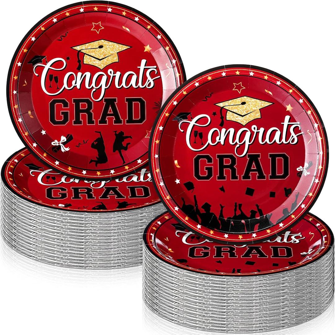 SiliFine 100 Pcs 2026 Graduation Cake Dessert Paper Plates Grad Decoration 7 Inch Small Disposable Plates Bulk Dinnerware for Congrats Grad Party Favors Supplies(Red and Gold)