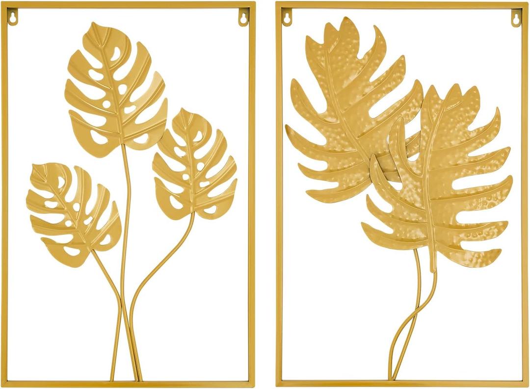 2pcs Wall Decorations Gold Iron Leaf Wall Hanging Home Decor with Frame for Bedrooms Staircases Kitchens Corridors (Monstera Leaf, Philodendron Selloum)