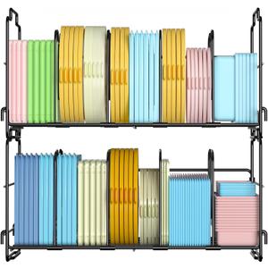 Set of 2 Stackable Food Container Lid Organizer, Adjustable Metal Lid Storage Shelf for Kitchen, 4 Dividers Detachable Lid Organiser Rack for Cabinets, Cupboards, Pantry Shelves, Drawers, Black