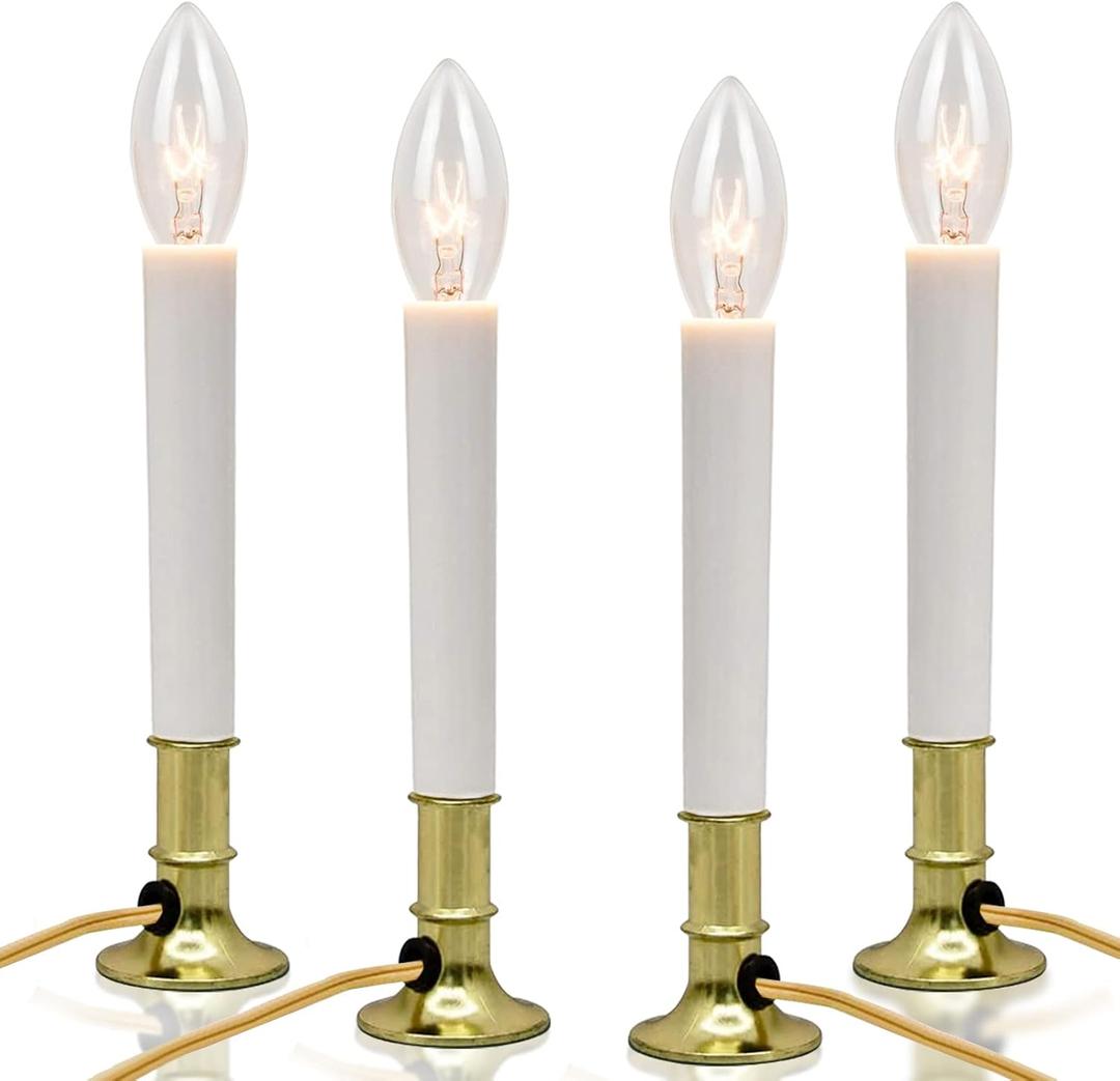 SUNSGNE Electric Window Candle Lamp with Golden Plated Base, Set of 4 Plug in Electric Candle Lights Christmas Window Candles with 7 Watt C26 Clear Light Bulbs, Turn On/Off, Ivory Color Cord