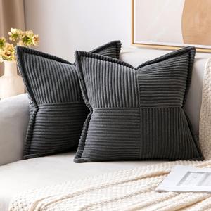 MIULEE Dark Grey Corduroy Pillow Covers 16x16 Inch with Splicing Set of 2 Soft Boho Striped Pillow Covers Broadside Decorative Textured Pillowcases for Couch Cushion Bed Livingroom
