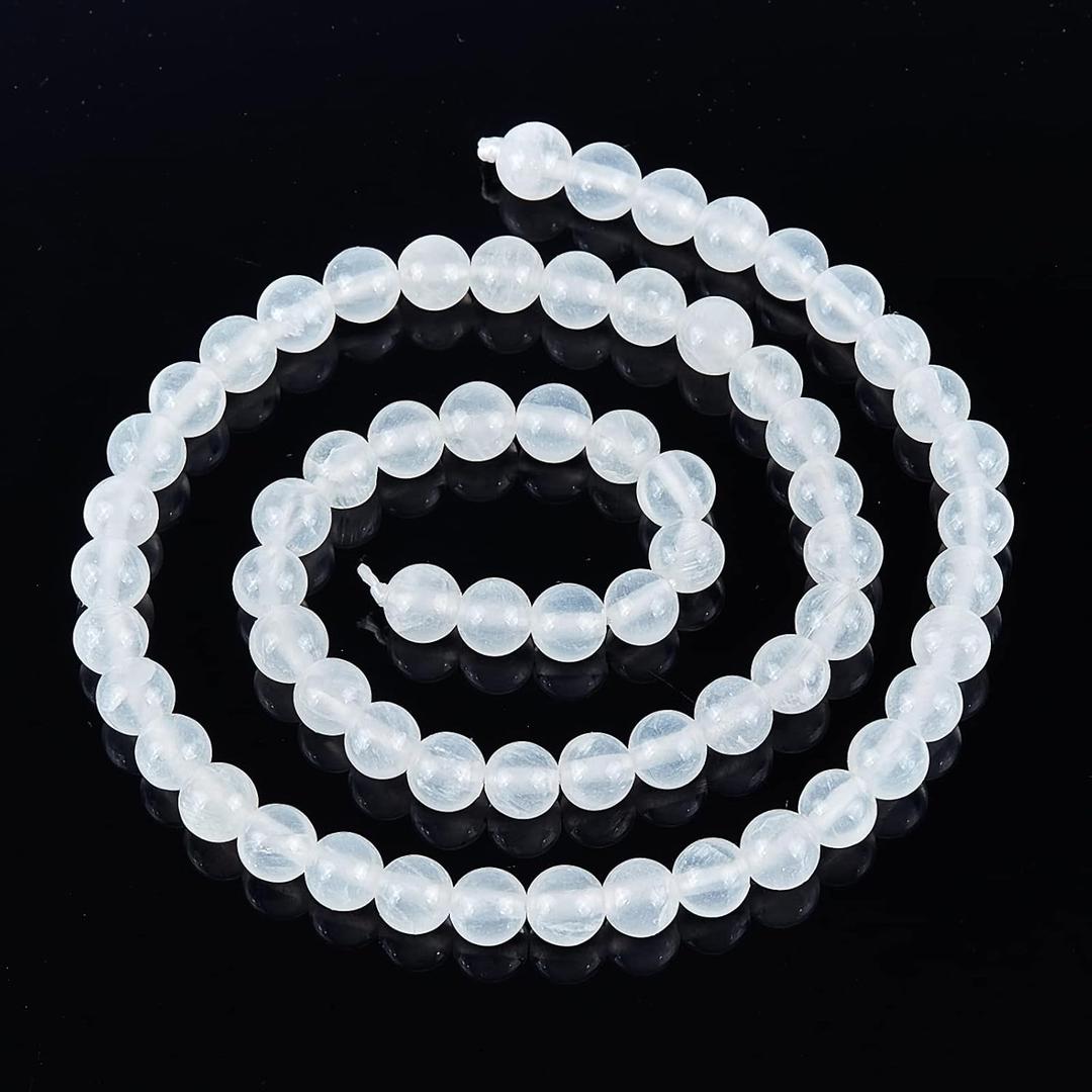 CHGCRAFT 67Pcs 6mm Natural Selenite Beads White Round Loose Gemstone Beads for Bracelet Jewelry Making DIY, 1 Strand 15.7Inch