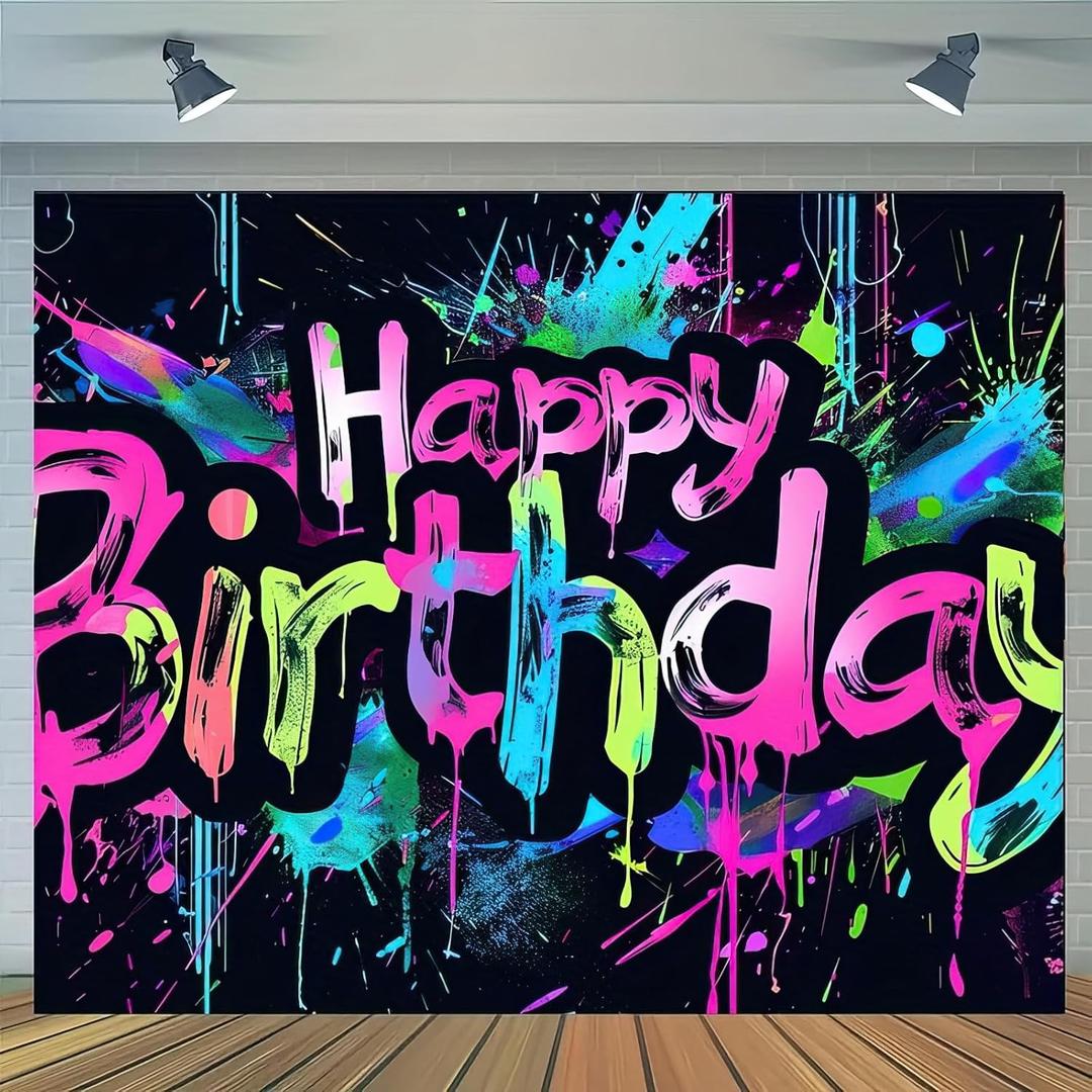 Neon Happy Birthday Banner - 71x43 Photography Backdrops, Party Background Decorations, Colorful Graffiti Splash Paint Kids Birthday Supplies, Glow in The Dark