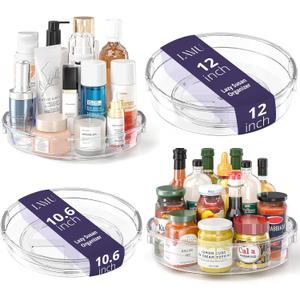 LAMU 4 Pack Lazy Susan Organizer, Clear Lazy Susan Turntable for Cabinet, Refrigerator, Table Top, Kitchen, Bathroom, Pantry Organizers and Storage, 2 Sizes Included 12in, 10.6in