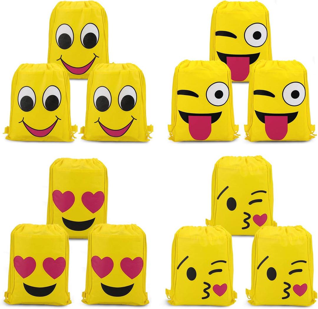 Konsait Emoticon Bags for Emoticon Party Supplies(12 Pack), Emoticon Drawstring Backpack Shoulder Bag Bulk for Kids Birthday Emoticon Party Gift